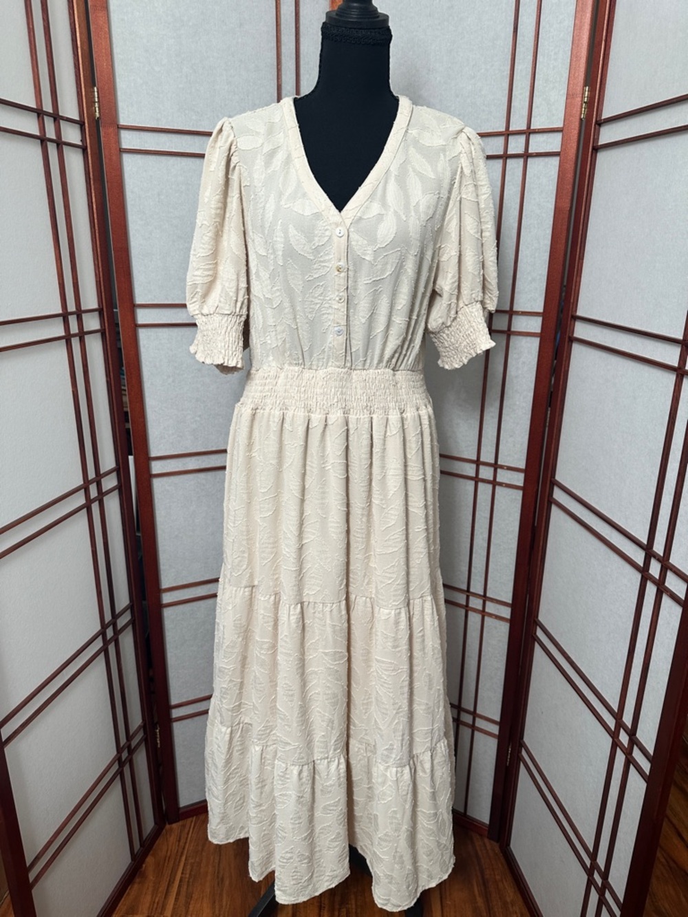 Polagram Cream Textured V-Neck Tiered Maxi Dress